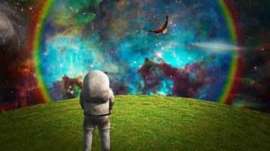 Gerçeküstü bir ortamda astronot. 3B görüntüleme