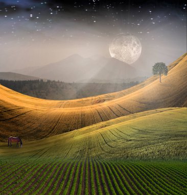 Dağ 'la huzurlu bir manzara. 3B görüntüleme