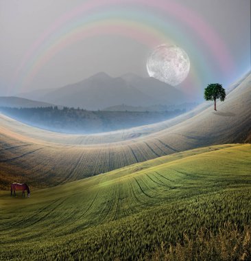 Dağ 'la huzurlu bir manzara. 3B görüntüleme