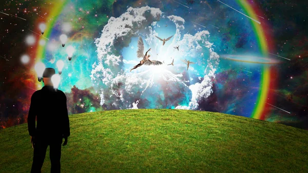 Чоловік Бачить Ангелів Сюрреалістичному Небі — стокове фото
