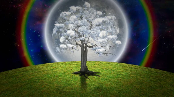 Drzewo Chmurami Krajobraz Surrealistyczny — Zdjęcie stockowe