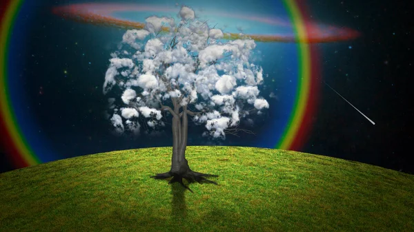 Drzewo Chmurami Krajobraz Surrealistyczny — Zdjęcie stockowe