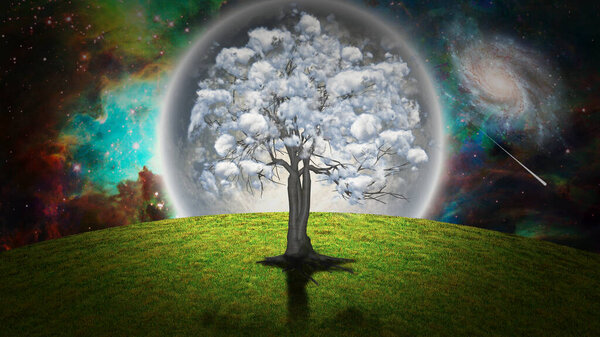 Tree with clouds. 3D rendering
