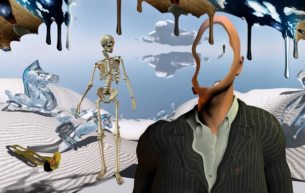 Surrealistyczna Pustynia Figurami Szachowymi Szkieletem Trąbką Człowiek Bez Twarzy Garniturze — Zdjęcie stockowe