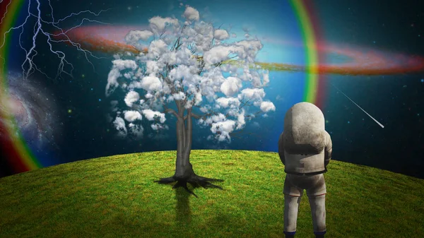 Astronaut Surrealistiskt Landskap Med Moln Träd — Stockfoto