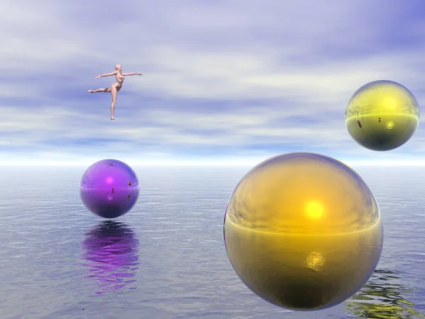 Esferas Surrealistas Sobre Agua Renderizado — Foto de Stock