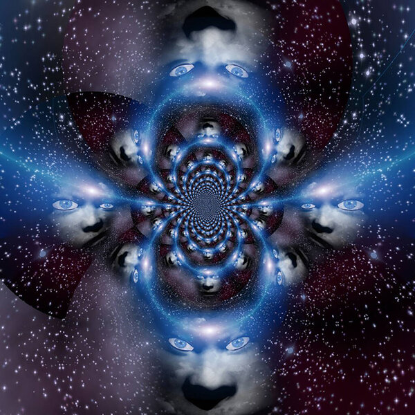 Space faces. Mirrored Fractal. 3D rendering