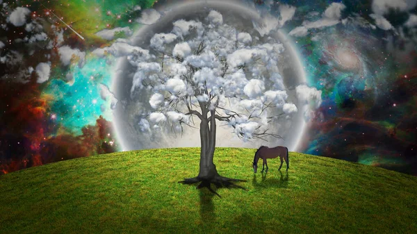 Albero Con Nuvole Rendering — Foto Stock