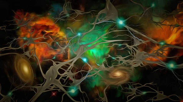 세포는 Neurons Deep Space 렌더링 — 스톡 사진