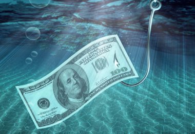 Balık tutmaya. Balık kancasına Amerikan Doları. 3B görüntüleme.