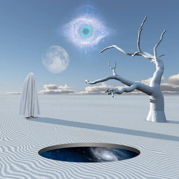 Figure Covered White Cloth Desert Silence Hole Shows Universe Rendering — Stock Photo, Image