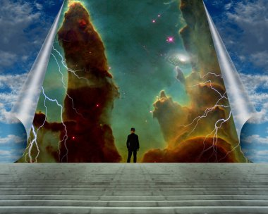 Man on steps under surreal sky with colorful nebula. 3D rendering clipart