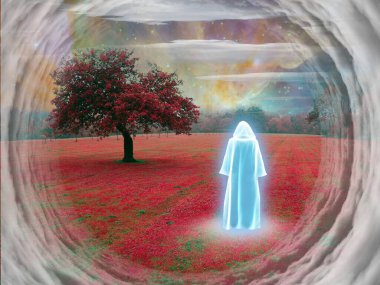 Gerçeküstü manzarada beyaz keşiş. 3B görüntüleme