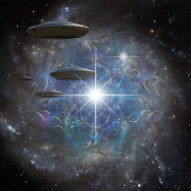 Uzay geçidinde uçan daireler. 3B görüntüleme