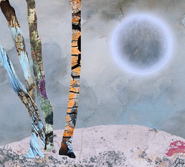 Soyut doğa. Ağaçlar ve parlak gezegen. 3B görüntüleme