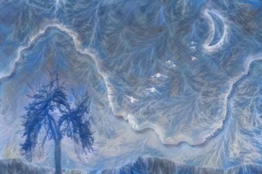 Ağaç ve kuşlar. Soyut resim. 3B görüntüleme