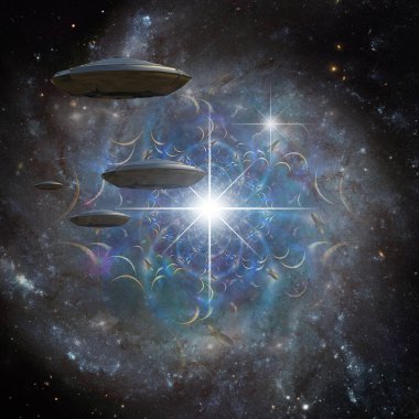 Uzay geçidinde uçan daireler. 3B görüntüleme