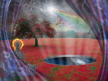 Nilüfer çiçeğiyle meditasyon yapan bir adam gerçeküstü bir ortamda poz verir. Gökteki melekler