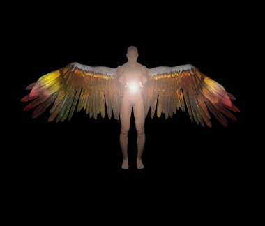 Kanatlı melek ilahi ışığı tutuyor. Siyah üzerine izole edilmiş.