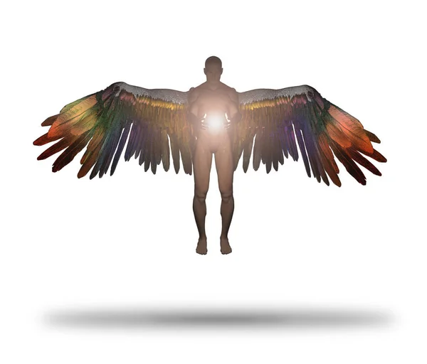 Winged Angel Being Holds Divine Light Isolated White — Stock Photo, Image