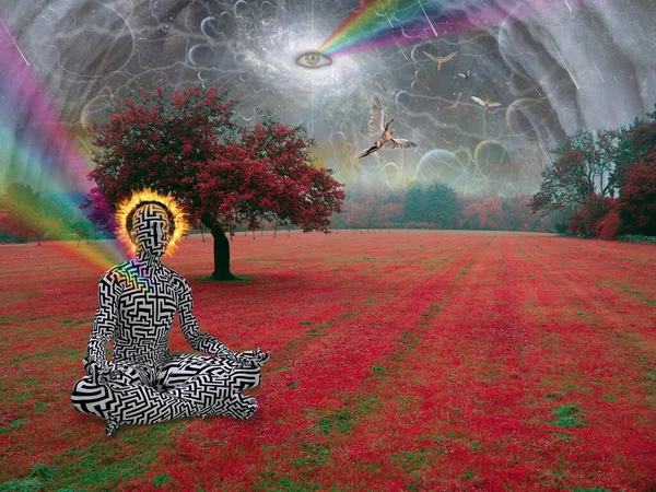 Man Meditates Lotus Pose Surreal Landscape All Seeing Eye Sky — Stock Photo, Image