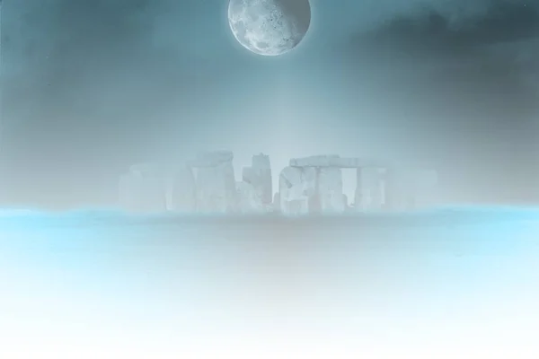 Paisaje Surrealista Stonehenge Niebla Luna Llena Cielo Renderizado — Foto de Stock