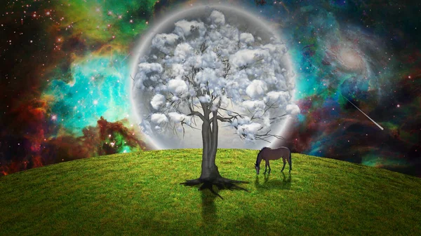 Natura Surreale Albero Con Nuvole Rendering — Foto Stock