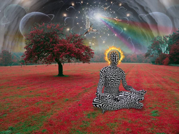 Man Meditates Lotus Pose Surreal Landscape Angels Sky — Stock Photo, Image