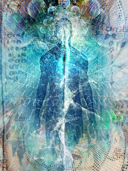 Future Man Spirit Emerges Digital Space Soul Aura Binary Code — Stock Photo, Image