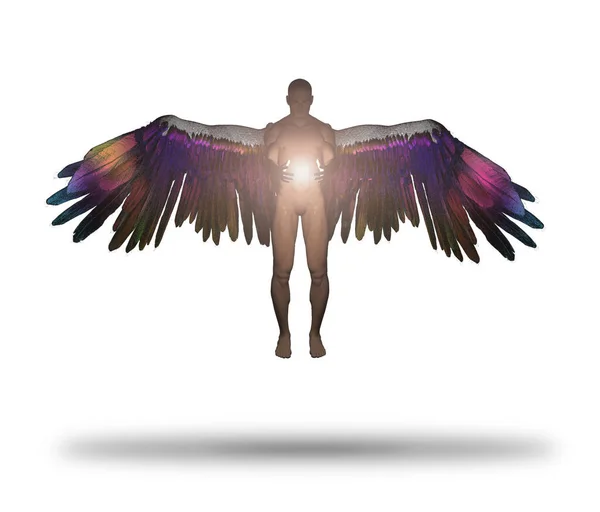 Φτερωτό Αγγελούδι Κρατάει Θεϊκό Φως Απομονωμένα Λευκό — Φωτογραφία Αρχείου
