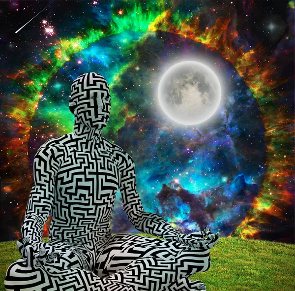 Горящий Человек Медитирует Ярком Пространстве Рендеринг — стоковое фото