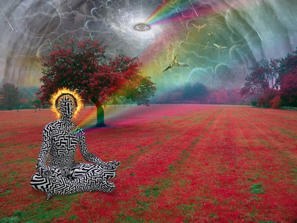 Man Meditates Lotus Pose Surreal Landscape All Seeing Eye Sky — Stock Photo, Image