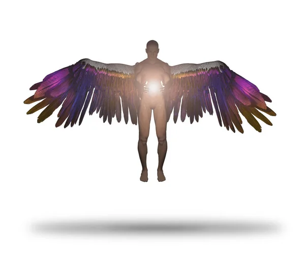 Winged Angel Being Holds Divine Light Isolated White — Stock Photo, Image