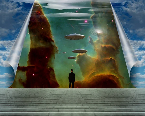 Flying Saucers Surreal Sky Rendering — Stock Photo, Image