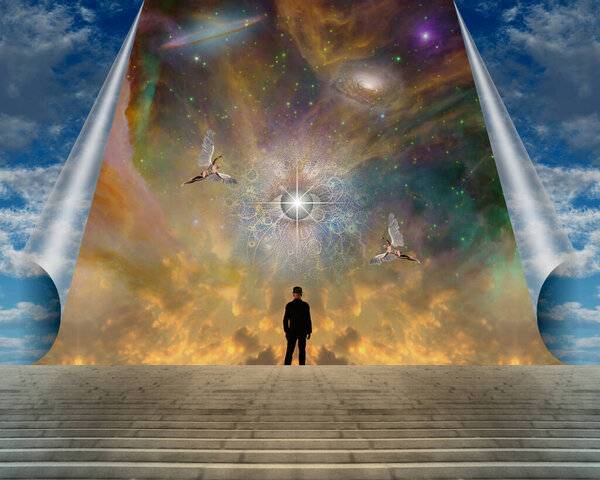 Man on steps under surreal sky with colorful nebula. 3D rendering