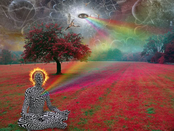 男は超現実的な風景の中に蓮のポーズで瞑想 — ストック写真