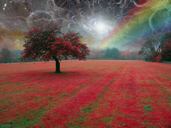 Surreal landscape with red tree. 3D rendering