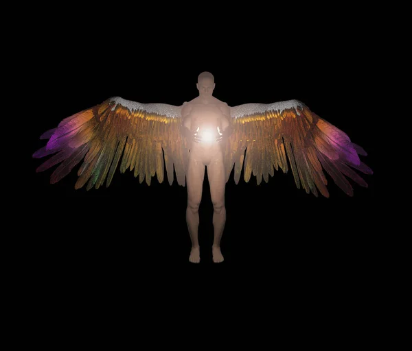 翼を持つ天使は神の光を持つ 黒に隔離された — ストック写真