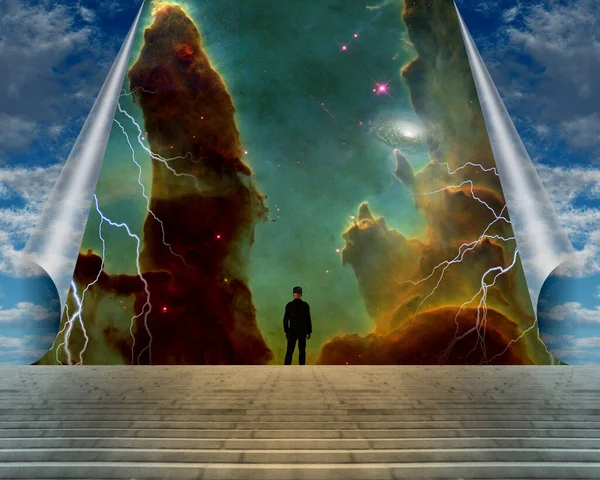 Uomo Gradini Sotto Cielo Surreale Con Nebulosa Colorata Rendering — Foto Stock