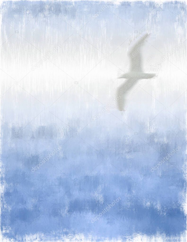 Abstract painting. Seagull in clouds