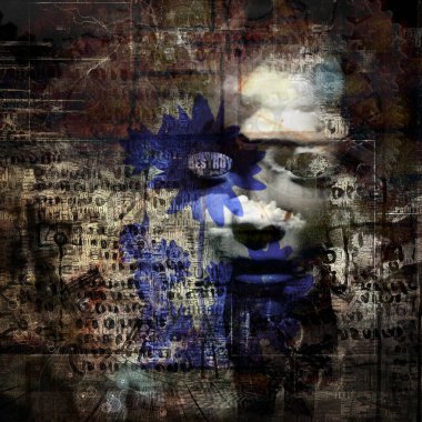 Soyut kompozisyon. Eski sembollerdeki mavi çiçekler. 3B görüntüleme