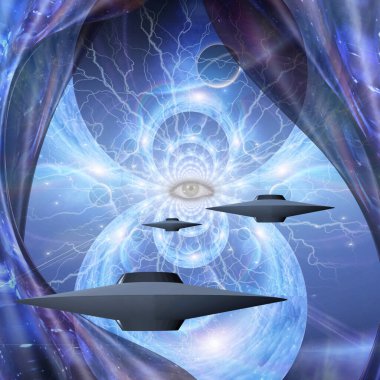 Uzay geçidinde uçan daireler. 3B görüntüleme