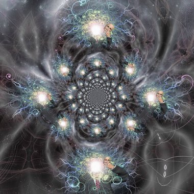 Gerçeküstü resim. Adam elinde maske tutuyor. Yüzü yerine parlak ışık ve şimşekler. 3B görüntüleme