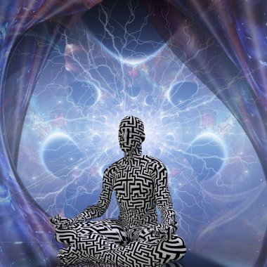 Meditasyonun gücü. Lotus pozu veren adam. 3B görüntüleme