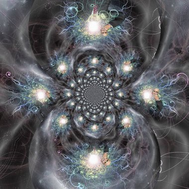 Gerçeküstü resim. Adam elinde maske tutuyor. Yüzü yerine parlak ışık ve şimşekler. 3B görüntüleme