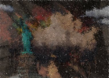 Soyut kompozisyon. Özgürlük Heykeli 'nin Silueti. Resim tamamen rastgele kelimelerden oluşmuştur. 3B görüntüleme