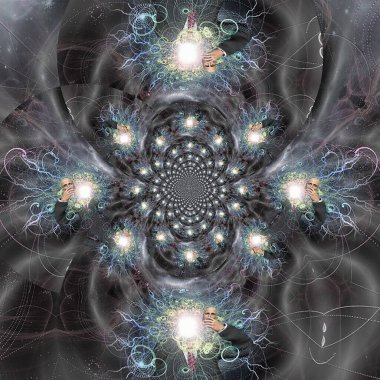 Gerçeküstü resim. Adam elinde maske tutuyor. Yüzü yerine parlak ışık ve şimşekler. 3B görüntüleme