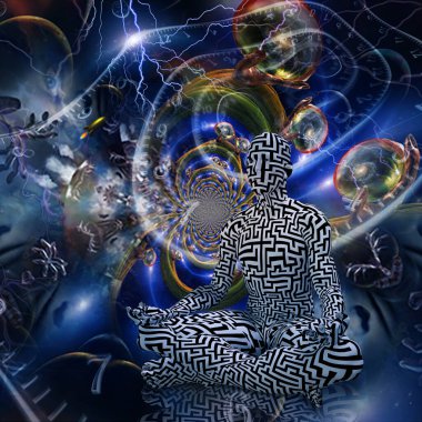 Lotus pozu veren adam. Meditasyon. 3B görüntüleme