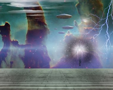 Canlı gökyüzünde uzaylı uzay gemileri var. 3B görüntüleme