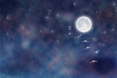 Ay ve uçan kuşlar altında resmedilmiş bataklık manzarası. 3B görüntüleme